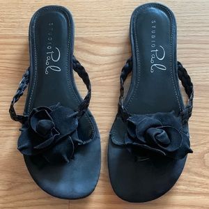 Studio Paolo Leather Black Rose Flat Sandals